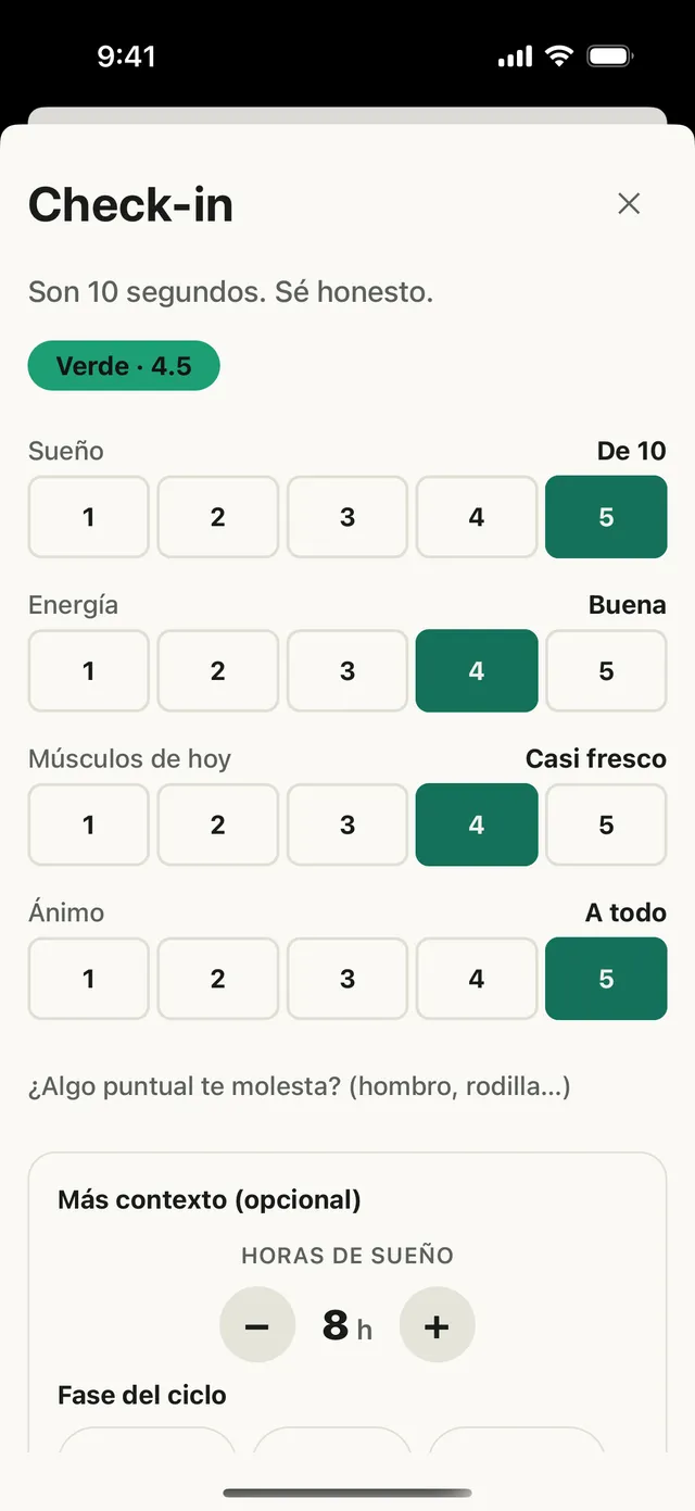 Check-in de Karga: sueño, energía, músculos y ánimo, eliges del 1 al 5