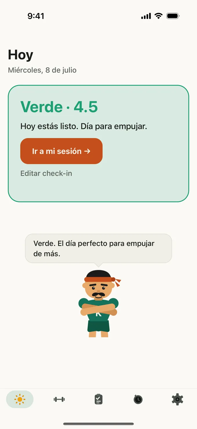 Pantalla Hoy de Karga: día verde 4.5 con el Coach Fierro y el botón Ir a mi sesión