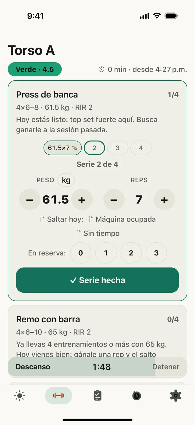 Registro de series en Karga: press de banca a 61.5 kg, serie 2 de 4